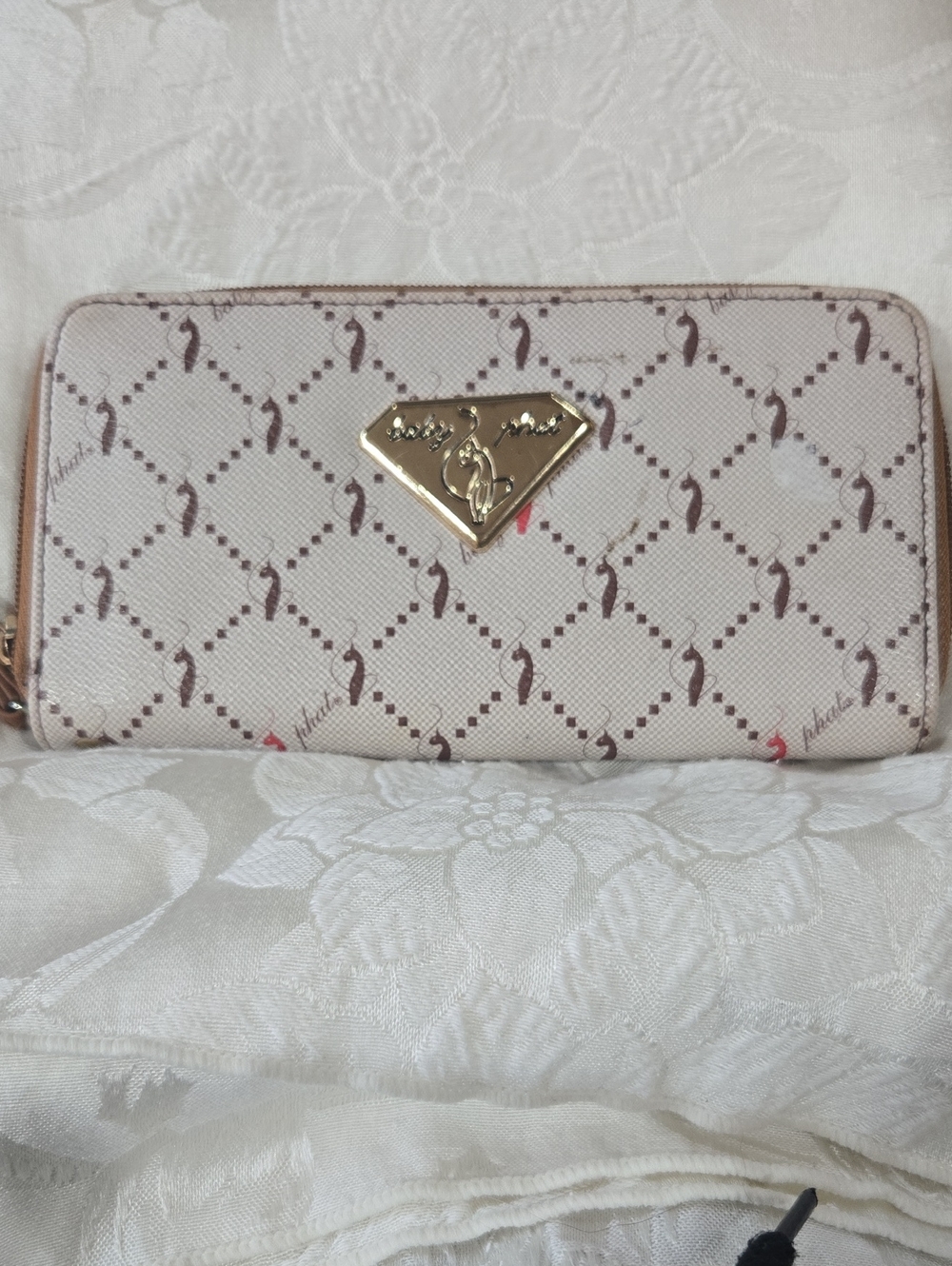 Baby Phat Women’s Zip Wallet - Cream and Brown Pattern